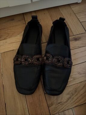 Women Black Leather Loafers with Brown Chain Accent